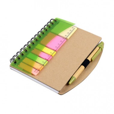 Эко блокнот с ручкой, линейкой, цветными стикерами, блок белый в клетку 120х173 мм, 60 страниц. Цвет зелёный