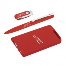 Набор ручка + флеш-карта 8Гб + зарядное устройство 4000 mAh в футляре, красный, покрытие soft touch