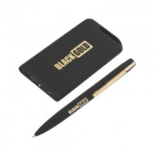 Набор ручка + зарядное устройство 4000 mAh в футляре, черный/золото, покрытие soft touch