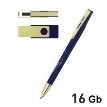 Набор ручка + флеш-карта 16Гб в футляре, темно-синий/золото