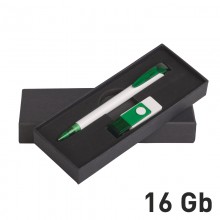 Набор ручка + флеш-карта 16Гб в футляре, белый/зеленый прозрачный