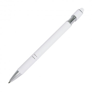 Шариковая ручка, Comet, нажимной мех-м,корпус-алюминий,покрытие-soft touch, под зеркальную лазер.гравировку, отд-гравир-ка,хром, силикон.стилус, белый