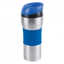 Термостакан вакуумный (кружка) "Донато" с двойными стенками из нержавеющей стали, 370 мл, цвет силиконовой манжеты и верхней части крышки синий