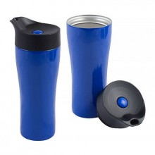 Термостакан вакуумный (кружка) "Фабио" с двойными стенками из нержавеющей стали, 370 мл, кнопка и корпус синие 286С