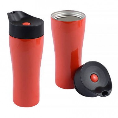 Термостакан вакуумный (кружка) "Фабио" с двойными стенками из нержавеющей стали, 370 мл, кнопка и корпус красные 186С