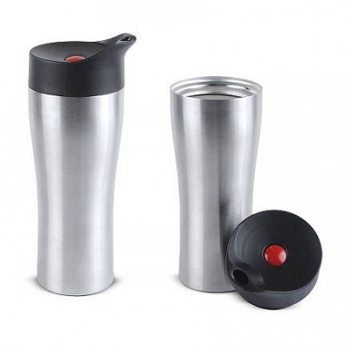 Термостакан вакуумный (кружка) "Фабио" с двойными стенками из нержавеющей стали, 370 мл, кнопка красная, корпус серебряный
