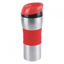 Термостакан вакуумный (кружка) "Донато" с двойными стенками из нержавеющей стали, 370 мл, цвет силиконовой манжеты и верхней части крышки красный