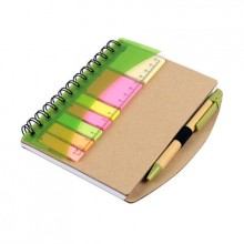 Эко блокнот с ручкой, линейкой, цветными стикерами, блок белый в клетку 120х173 мм, 60 страниц. Цвет зелёный
