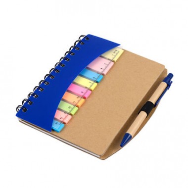 Эко блокнот с ручкой, линейкой, цветными стикерами, блок белый в клетку 120х173 мм, 60 страниц. Цвет синий