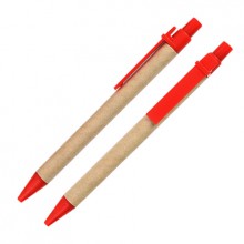 Шариковая ЭКО ручка из картона с пластиковой кнопкой, клипом и наконечником, красная