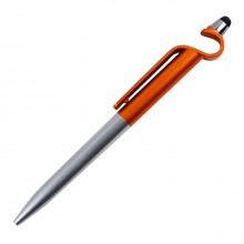Ручка шариковая со стилусом, протиркой и подставкой под телефон, цвет серебристый и оранжевый металлик