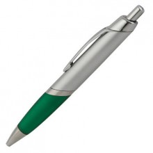 Ручка шариковая пластиковая "Апиа", нажимной механизм, клип, кольцо и наконечник хромированные, корпус серебристый, резинка зелёная