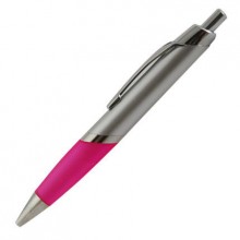 Ручка шариковая пластиковая "Апиа", нажимной механизм, клип, кольцо и наконечник хромированные, корпус серебристый, резинка розовая