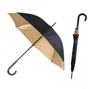 Зонт-трость механический с изогнутой ручкой из дерева, снаружи черный, внутри золотой