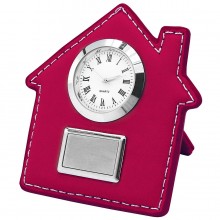 Часы настольные "Домик"; красный; 7,5х9 см; искусственная кожа, металл; лазерная гравировка