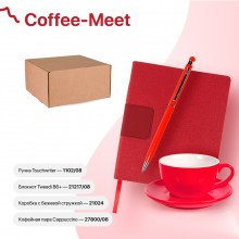 Набор подарочный COFFEE-MEET: бизнес-блокнот, ручка, чайная/кофейная пара, коробка, стружка, красный