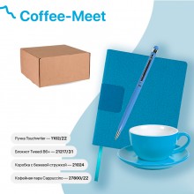 Набор подарочный COFFEE-MEET: бизнес-блокнот, ручка, чайная/кофейная пара, коробка, стружка, голубой