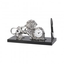 Часы настольные со львом, с ручкой, на деревянной основе, посеребрение, h 15 см
