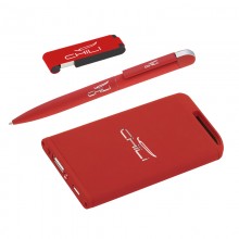 Набор ручка + флеш-карта 8Гб + источник энергии 4000 mAh в футляре, прорезиненный красный