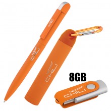 Набор ручка + флеш-карта 8Гб + источник энергии 2800 mAh в футляре, оранжевый