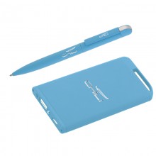Набор ручка + источник энергии 4000 mAh в футляре, прорезиненный голубой
