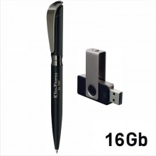 Набор ручка + флеш-карта 16Гб в футляре, прорезиненная поверхность, черный/оружейный блеск
