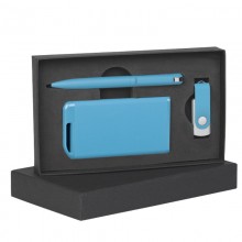 Набор ручка + флеш-карта 16Гб + зарядное устройство 4000 mAh в футляре, голубой, покрытие soft touch