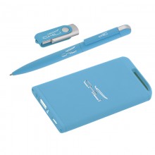 Набор ручка + флеш-карта 8Гб + источник энергии 4000 mAh в футляре, прорезиненный голубой