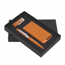 Набор ручка + флеш-карта 16Гб + источник энергии 4000 mAh в футляре, прорезиненный оранжевый