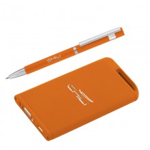 Набор ручка + источник энергии 4000 mAh в футляре, прорезиненный оранжевый
