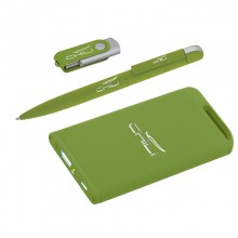 Набор ручка + флеш-карта 8Гб + источник энергии 4000 mAh в футляре, прорезиненный зеленое яблоко