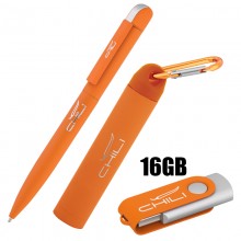 Набор ручка + флеш-карта 16Гб + источник энергии 2800 mAh в футляре, оранжевый