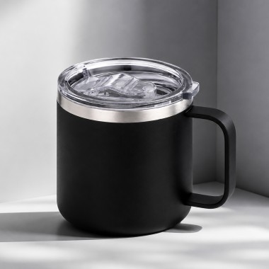 Кружка стальная Alaska с крышкой слайдером, powder coating, черный